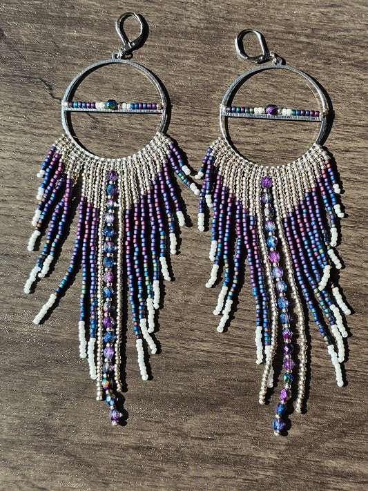 Blue, purple, and silver seed bead fringe earrings