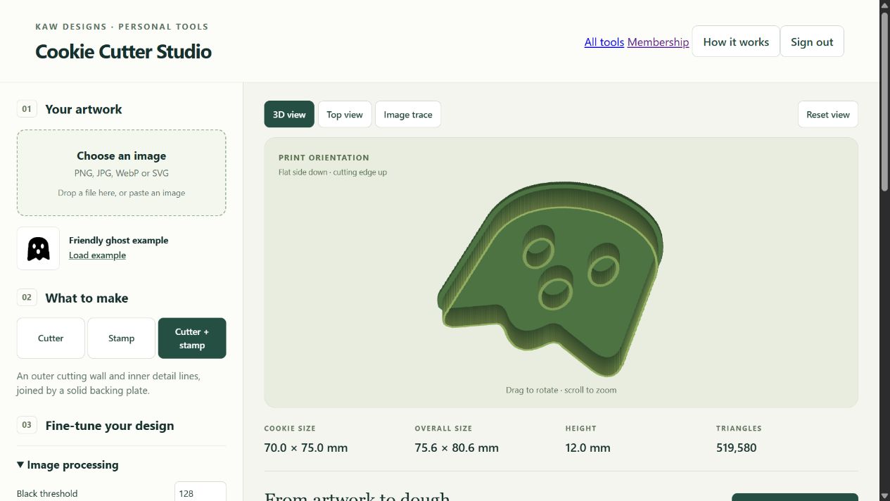 Cookie Cutter Studio interface showing a ghost-shaped cutter and stamp in the 3D preview