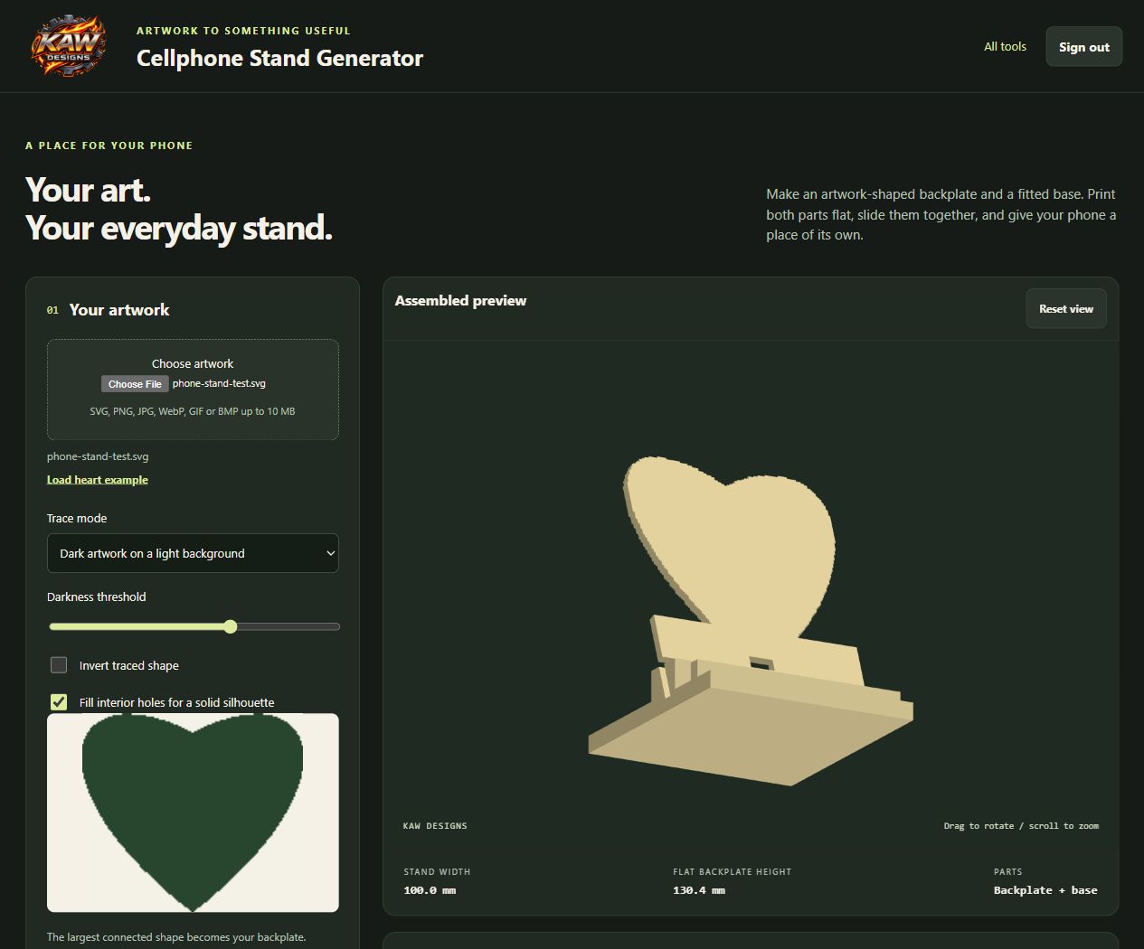 Cellphone Stand Generator showing a heart-shaped backplate and fitted base