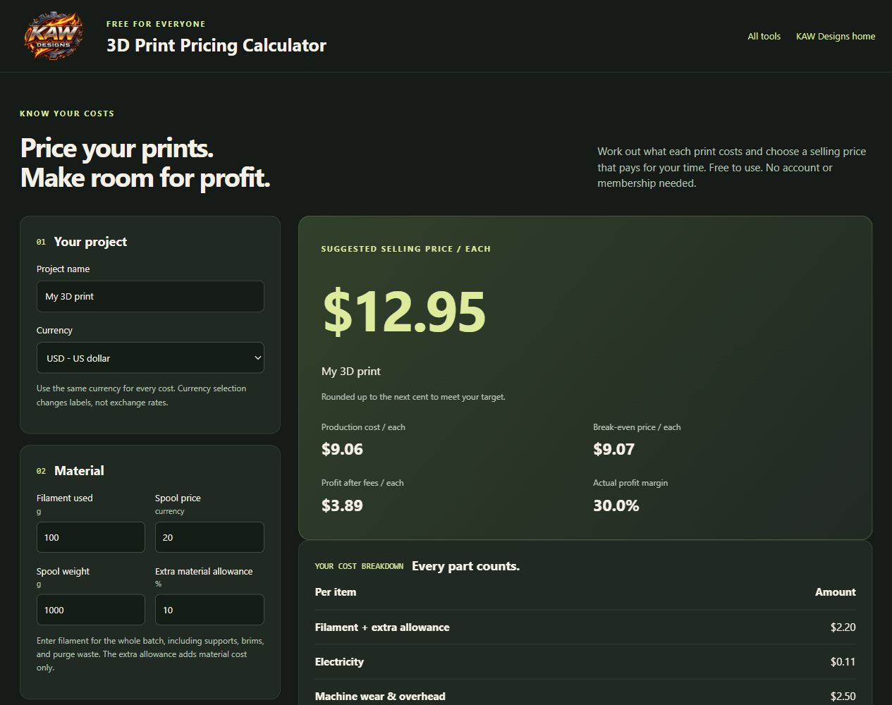 3D Print Pricing Calculator with suggested price and cost breakdown