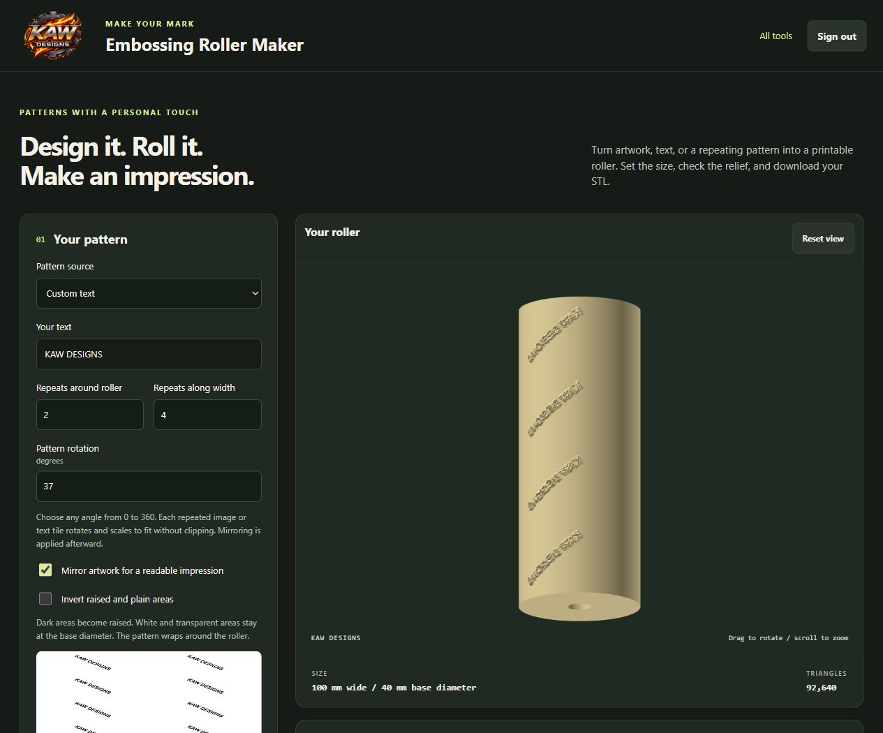Embossing Roller Maker interface with a heart-pattern roller and adjustable settings